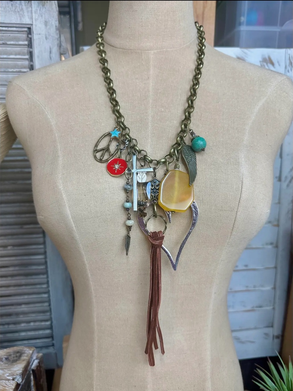 Gypsy Junk Originals Leather Fringe Boho Multi-Charm Statement Necklace